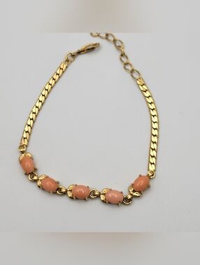 Vintage Gold Tone Faux Coral Cabochon Station Bracelet Adjustable